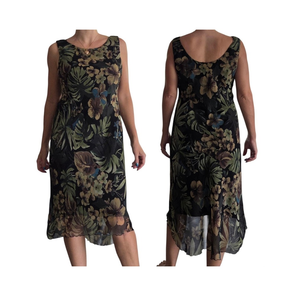 Y2K Boho Forest Fairy Midi Dress 10P Tropical Floral High Low Chiffon Feminine